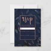 Dark Blue Botanical Blätter Rose Gold Wedding RSVP (Vorderseite)