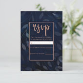 Dark Blue Botanical Blätter Rose Gold Wedding RSVP (Stehend Vorderseite)