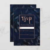 Dark Blue Botanical Blätter Rose Gold Wedding RSVP (Vorne/Hinten)