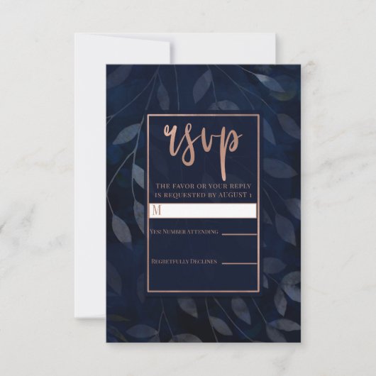 Dark Blue Botanical Blätter Rose Gold Wedding RSVP Karte (Vorderseite)