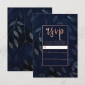 Dark Blue Botanical Blätter Rose Gold Wedding RSVP Karte (Vorne/Hinten)