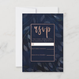 Dark Blue Botanical Blätter Rose Gold Wedding RSVP Karte