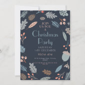 Dark Blue Botanical Christmas Party Blätter Acorns Einladung (Vorderseite)