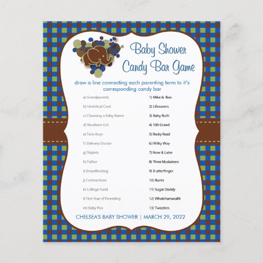Dark Blue & Brown Elephant Baby Boy Showspiel Flyer (Vorne)
