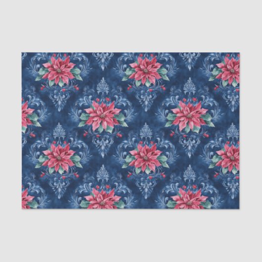 Dark Blue Damask with Red Poinsettia Flowers Seidenpapier (Vorderseite)