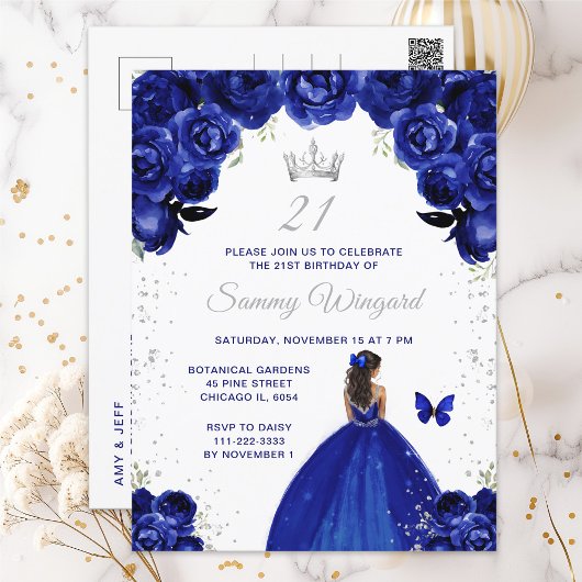 Dark Blue Dark Skin Princess Birthday Party Postkarte