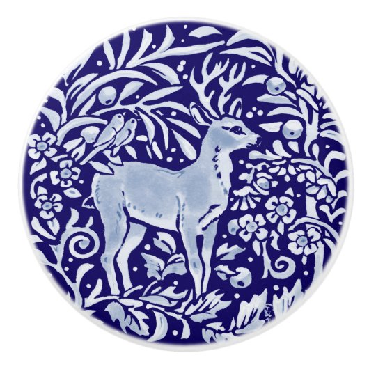 Dark Blue Deer Buck Bird Woodland Animal Floral Keramikknauf (Vorderseite)