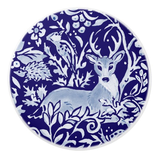 Dark Blue Deh Igel Woodland Animal Floral Keramikknauf (Vorderseite)