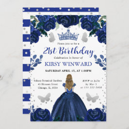 Dark Blue Dress Blonde Princess Birthday Einladung