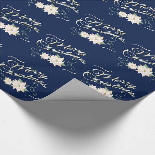 Dark Blue Elegant Frohe Weihnachten Weiße Poinsett Geschenkpapier (Ecke)
