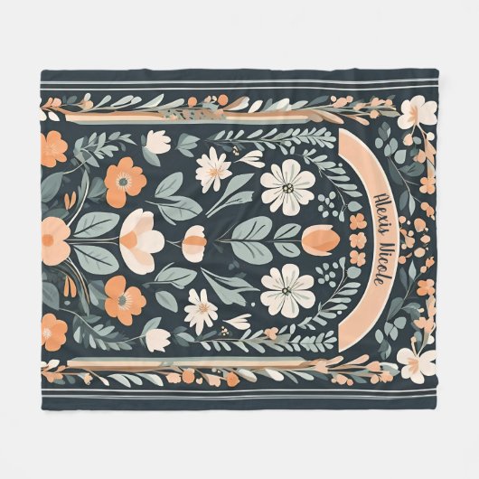 Dark Blue Floral Folks Fleecedecke (Vorderseite (Horizontal))