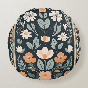 Dark Blue Floral Folks Rundes Kissen