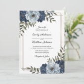 Dark Blue Floral Frame Wedding Invitation Einladung (Stehend Vorderseite)