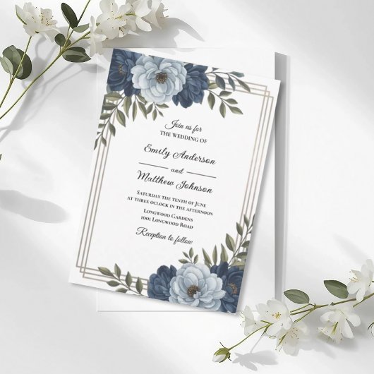 Dark Blue Floral Frame Wedding Invitation Einladung