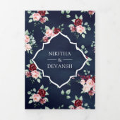 Dark Blue Floral Lace All in One Indian Wedding Dreifach Gefaltete Einladung (Cover)