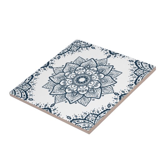 Dark Blue Floral Mandala & Frame Fliese (Seite)