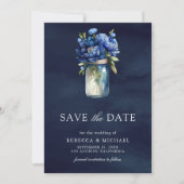 Dark Blue Floral Mason Jar Foto Wedding Save The Date (Vorderseite)