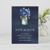 Dark Blue Floral Mason Jar Foto Wedding Save The Date (Stehend Vorderseite)