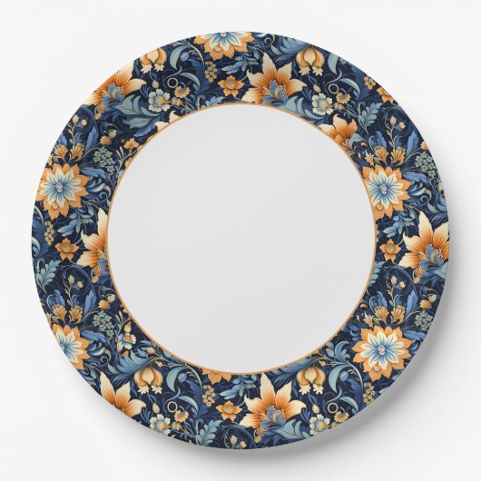 Dark Blue Floral Paisley Border Pappteller (Vorderseite)