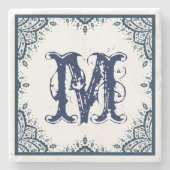 Dark Blue Floral Paisley Frame Monogram Steinuntersetzer (Vorderseite)