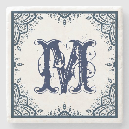 Dark Blue Floral Paisley Frame Monogram Steinuntersetzer (Vorderseite)