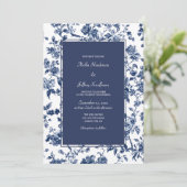 Dark Blue Floral Wedding  Einladung (Stehend Vorderseite)