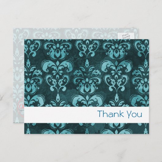 Dark Blue French Damask "Danke" Postkarte (Vorne/Hinten)