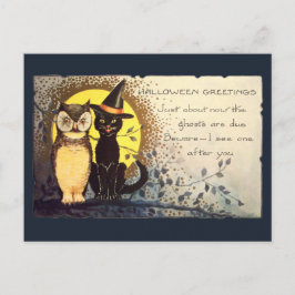 Dark Blue Friendly Cat and Owl Vintage Halloween Postkarte