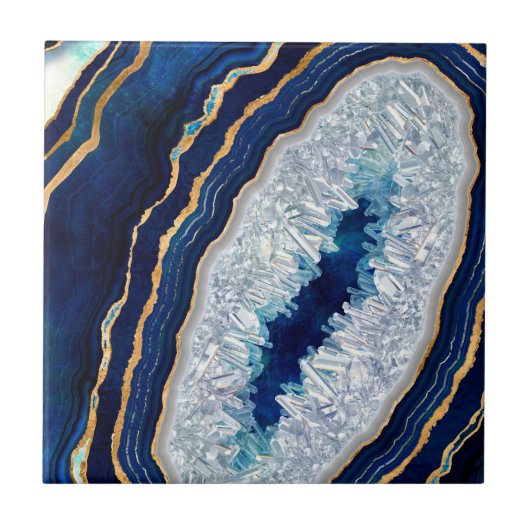 Dark Blue Geode und Gold Digital Art Fliese (Vorderseite)