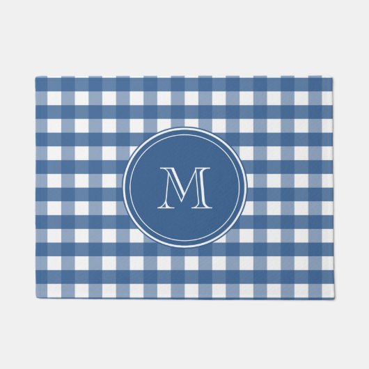 Dark Blue Gingham Kariert Monogram Welcome Fußmatte (Vorderseite)