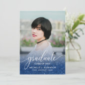 Dark Blue Glitzer Ombre Girly Foto Abschluss Ankündigung (Stehend Vorderseite)