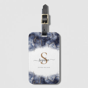 Dark Blue Gold Agate Geode Monogram Script Gepäckanhänger