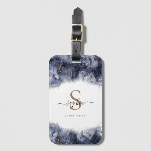 Dark Blue Gold Agate Geode Monogram Script Gepäckanhänger (Vorderseite Vertikal)