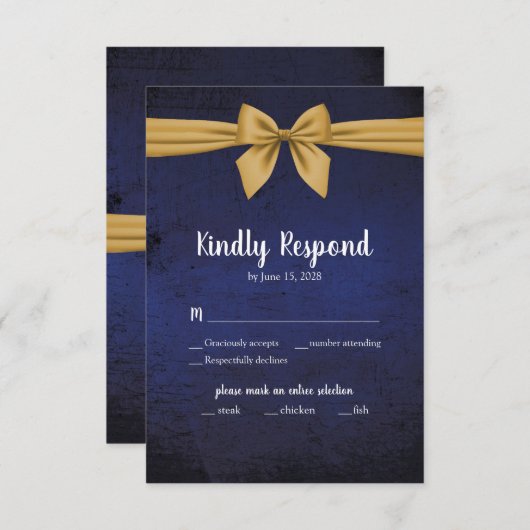 Dark Blue Gold Bow RSVP Karte (Vorne/Hinten)