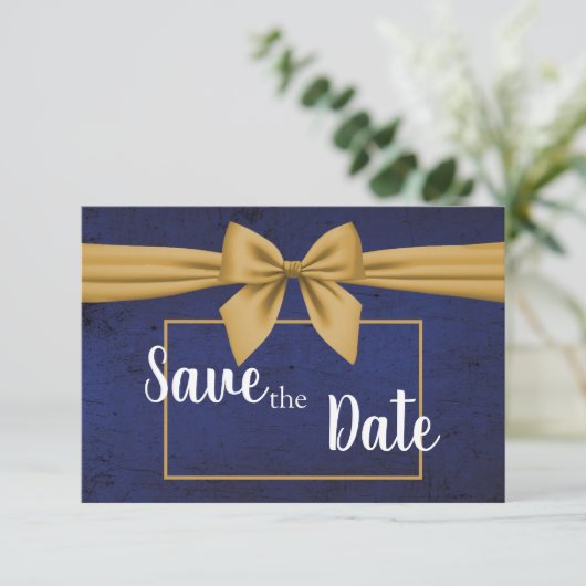 Dark Blue Gold Bow Save The Date (Stehend Vorderseite)