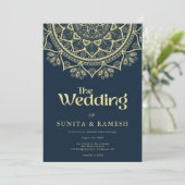 Dark Blue Gold Elegant Bollywood Indian Wedding Einladung (Stehend Vorderseite)