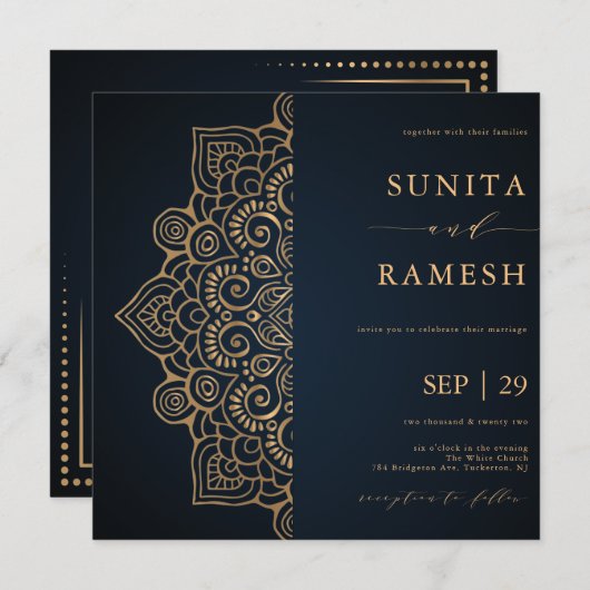 Dark Blue Gold Elegant Mandala Indian Wedding Einladung (Vorne/Hinten)
