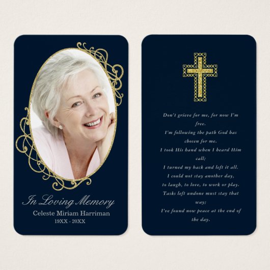 Dark Blue Gold Foto Beerdigungskarte (Vorne & Hinten)