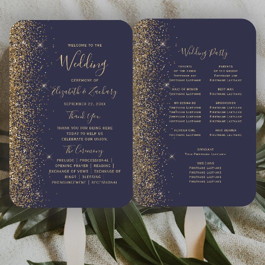 Dark Blue Gold Glitzer Edge Wedding Program Fächer