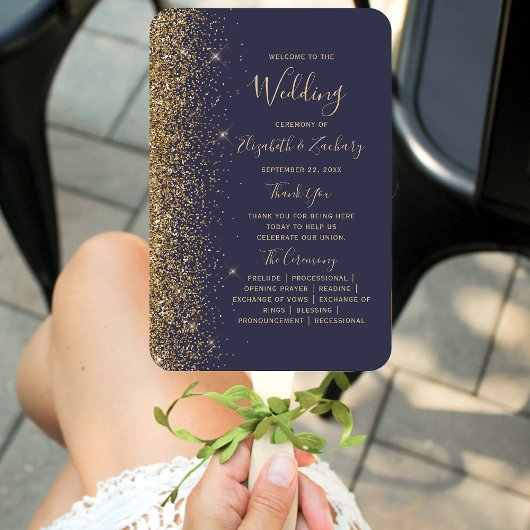 Dark Blue Gold Glitzer Edge Wedding Program Fächer