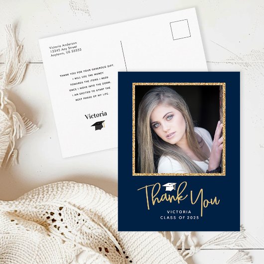 Dark Blue Gold Handwriting Graduate Thank You Postkarte