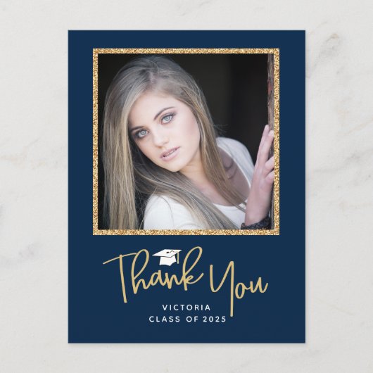Dark Blue Gold Handwriting Graduate Thank You Postkarte (Vorderseite)