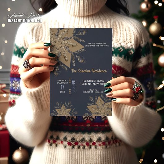 Dark Blue & Gold Midnight Sparkle Stars New Year Einladung