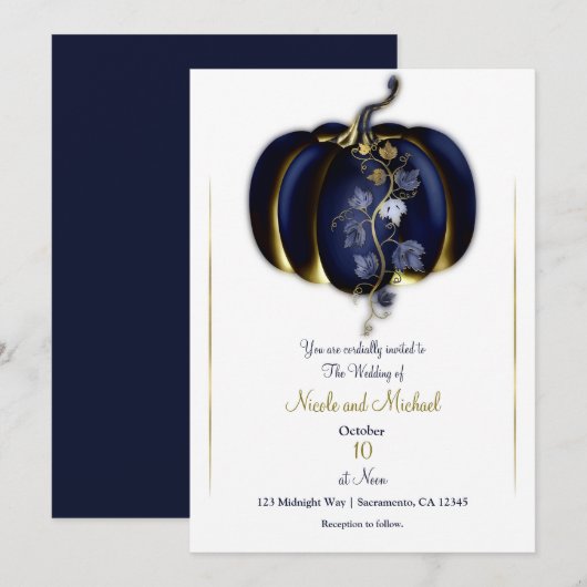 Dark Blue & Gold Pumpkin Storybook Hochzeit im Her Einladung (Vorne/Hinten)