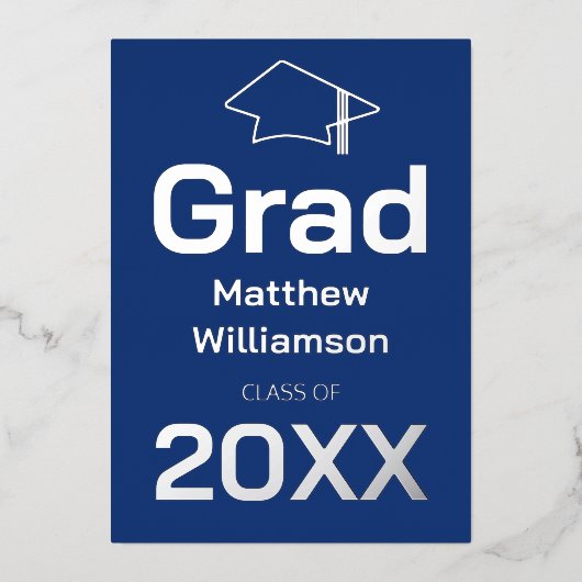 Dark Blue Graduation Party Foil Einladung (Vorderseite)