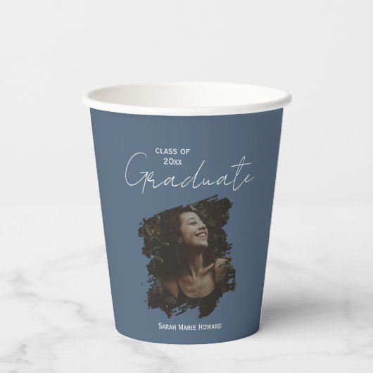 Dark Blue Grey Graduation Customizable Photo Text Pappbecher (Rückseite)