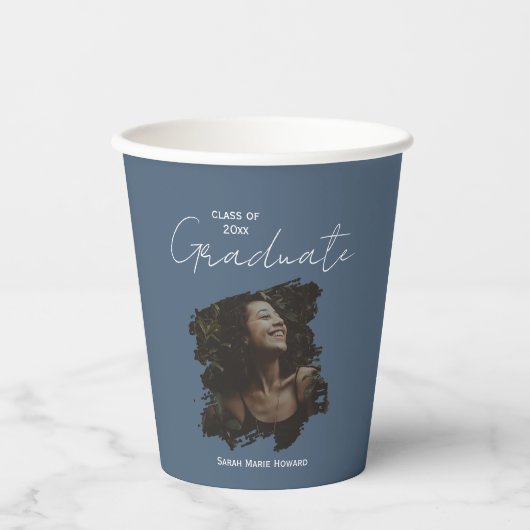 Dark Blue Grey Graduation Customizable Photo Text Pappbecher (Vorderseite)