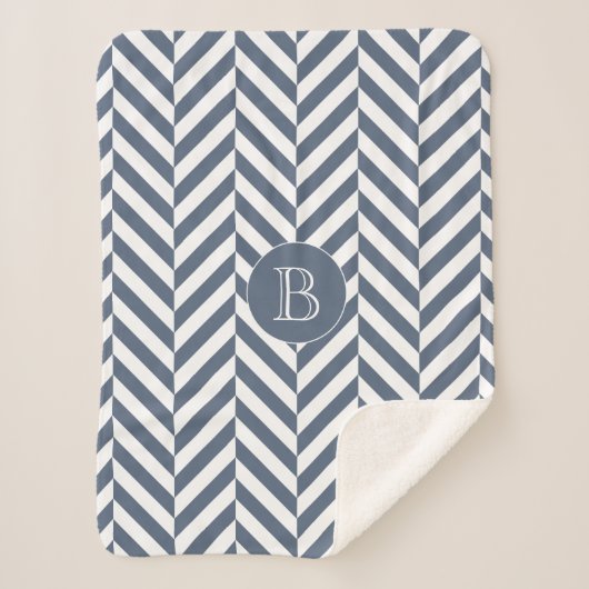 Dark Blue Herringbone Muster Custom Monogram Sherpadecke (Vorderseite)