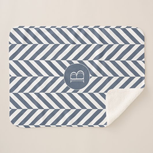 Dark Blue Herringbone Muster Custom Monogram Sherpadecke (Vorderseite (Horizontal))