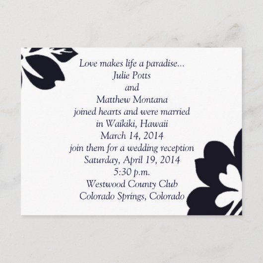 Dark Blue Hibiskus Hochzeitseinladung Einladungspostkarte (Rückseite)
